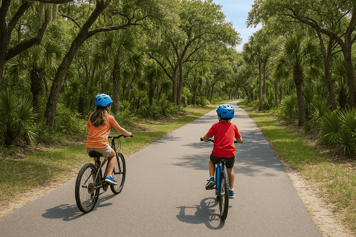 Cyclists riding along a paved trail on Kiawah and Seabrook Island