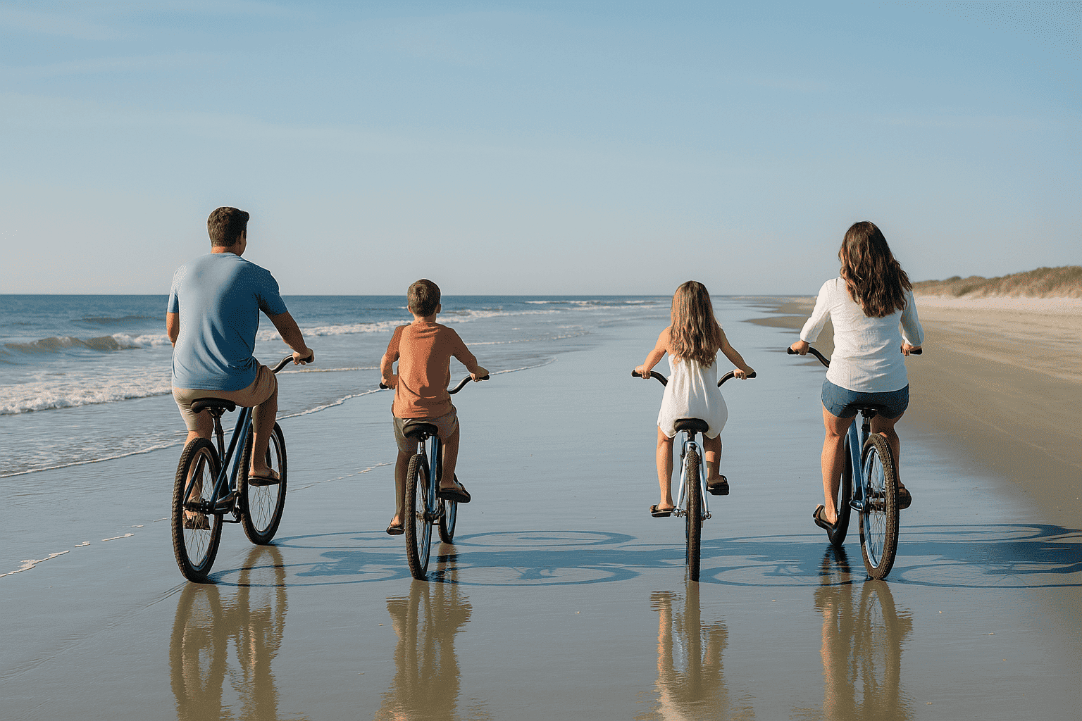 Family walking along the shoreline on Kiawah and Seabrook Island vacations